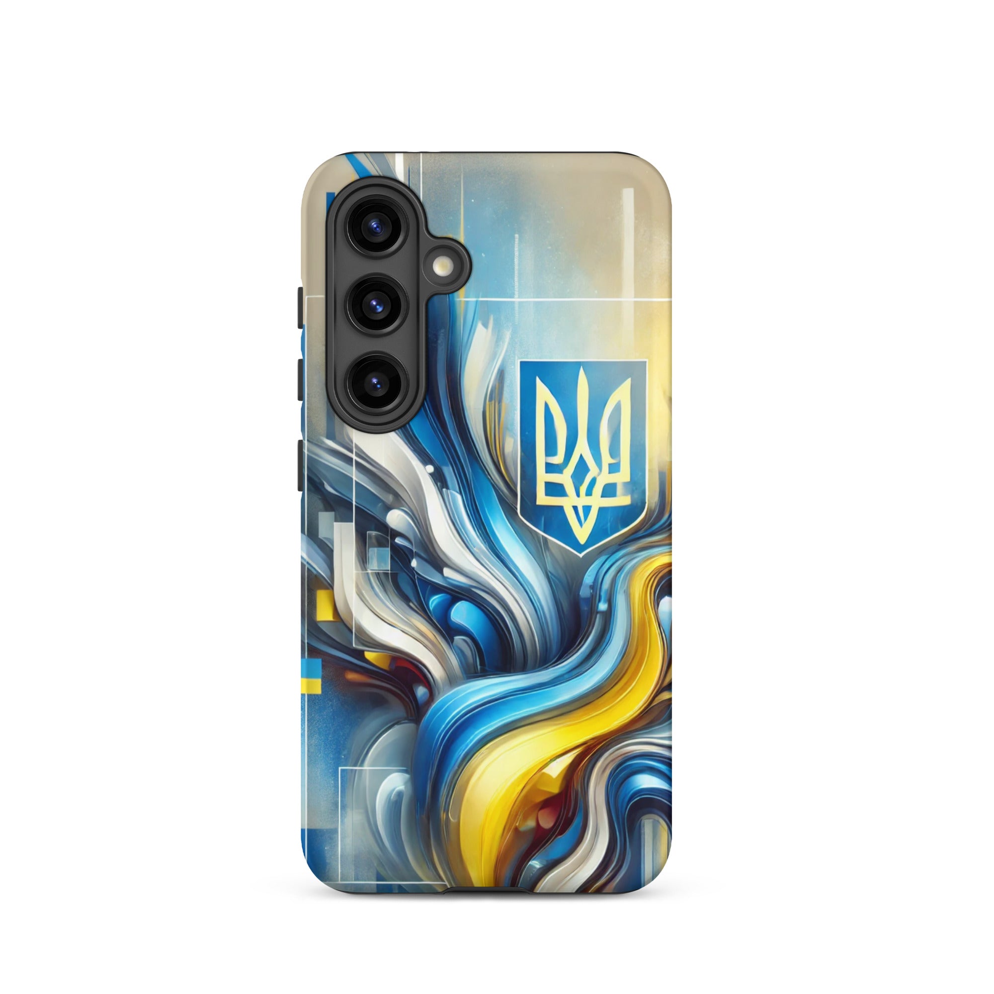 abstract design phone case,blue and yellow phone cover,dual-layer phone case,patriotic Samsung case,protective Samsung case,Samsung tough case,shock-resistant Samsung case,Ukrainian emblem phone cover,Ukrainian flag design case,Ukrainian Tryzub phone case