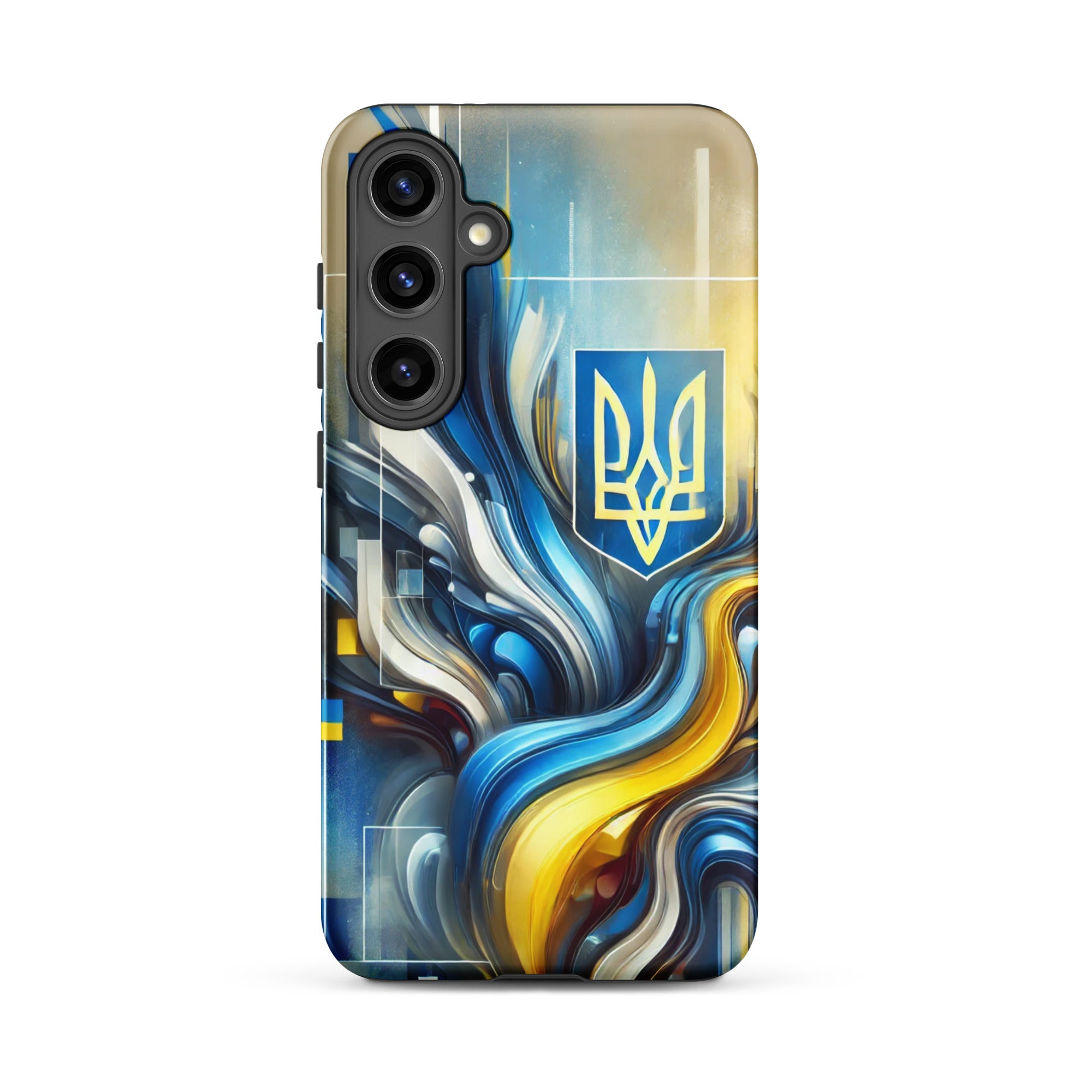 abstract design phone case,blue and yellow phone cover,dual-layer phone case,patriotic Samsung case,protective Samsung case,Samsung tough case,shock-resistant Samsung case,Ukrainian emblem phone cover,Ukrainian flag design case,Ukrainian Tryzub phone case