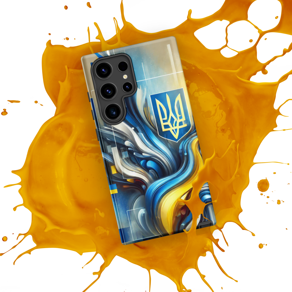 abstract design phone case,blue and yellow phone cover,dual-layer phone case,patriotic Samsung case,protective Samsung case,Samsung tough case,shock-resistant Samsung case,Ukrainian emblem phone cover,Ukrainian flag design case,Ukrainian Tryzub phone case
