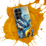 abstract design phone case,blue and yellow phone cover,dual-layer phone case,patriotic Samsung case,protective Samsung case,Samsung tough case,shock-resistant Samsung case,Ukrainian emblem phone cover,Ukrainian flag design case,Ukrainian Tryzub phone case
