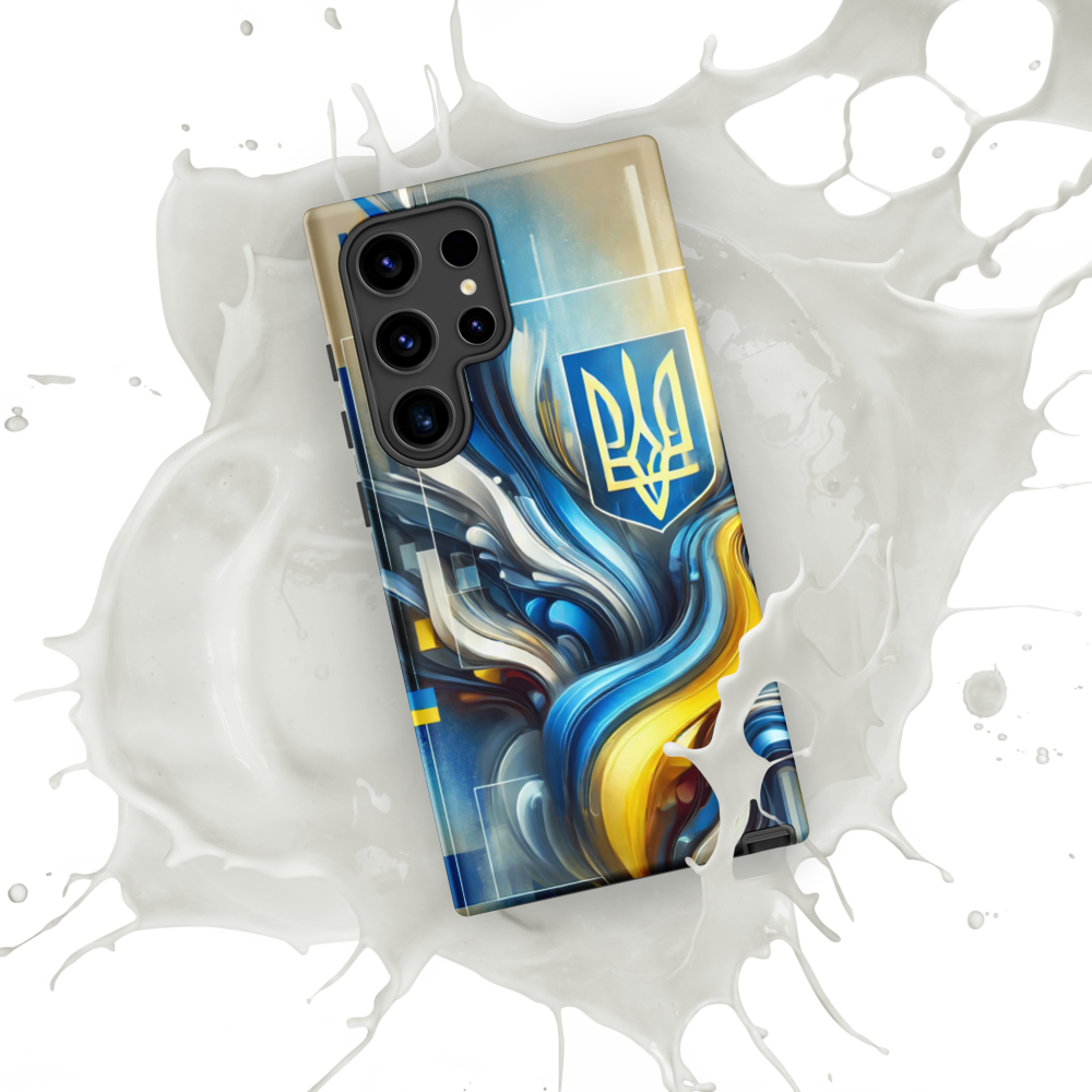 abstract design phone case,blue and yellow phone cover,dual-layer phone case,patriotic Samsung case,protective Samsung case,Samsung tough case,shock-resistant Samsung case,Ukrainian emblem phone cover,Ukrainian flag design case,Ukrainian Tryzub phone case