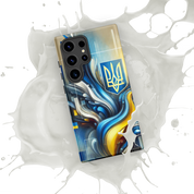 abstract design phone case,blue and yellow phone cover,dual-layer phone case,patriotic Samsung case,protective Samsung case,Samsung tough case,shock-resistant Samsung case,Ukrainian emblem phone cover,Ukrainian flag design case,Ukrainian Tryzub phone case
