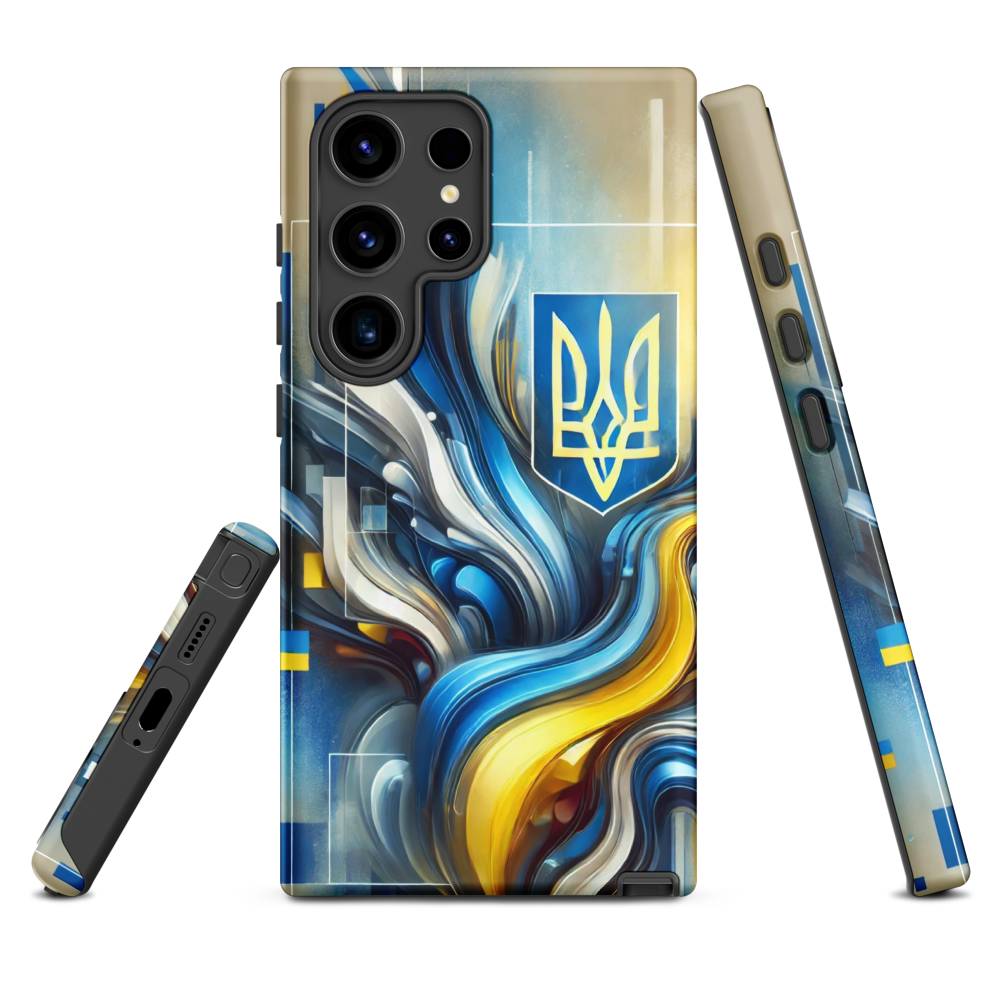 abstract design phone case,blue and yellow phone cover,dual-layer phone case,patriotic Samsung case,protective Samsung case,Samsung tough case,shock-resistant Samsung case,Ukrainian emblem phone cover,Ukrainian flag design case,Ukrainian Tryzub phone case