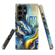 abstract design phone case,blue and yellow phone cover,dual-layer phone case,patriotic Samsung case,protective Samsung case,Samsung tough case,shock-resistant Samsung case,Ukrainian emblem phone cover,Ukrainian flag design case,Ukrainian Tryzub phone case
