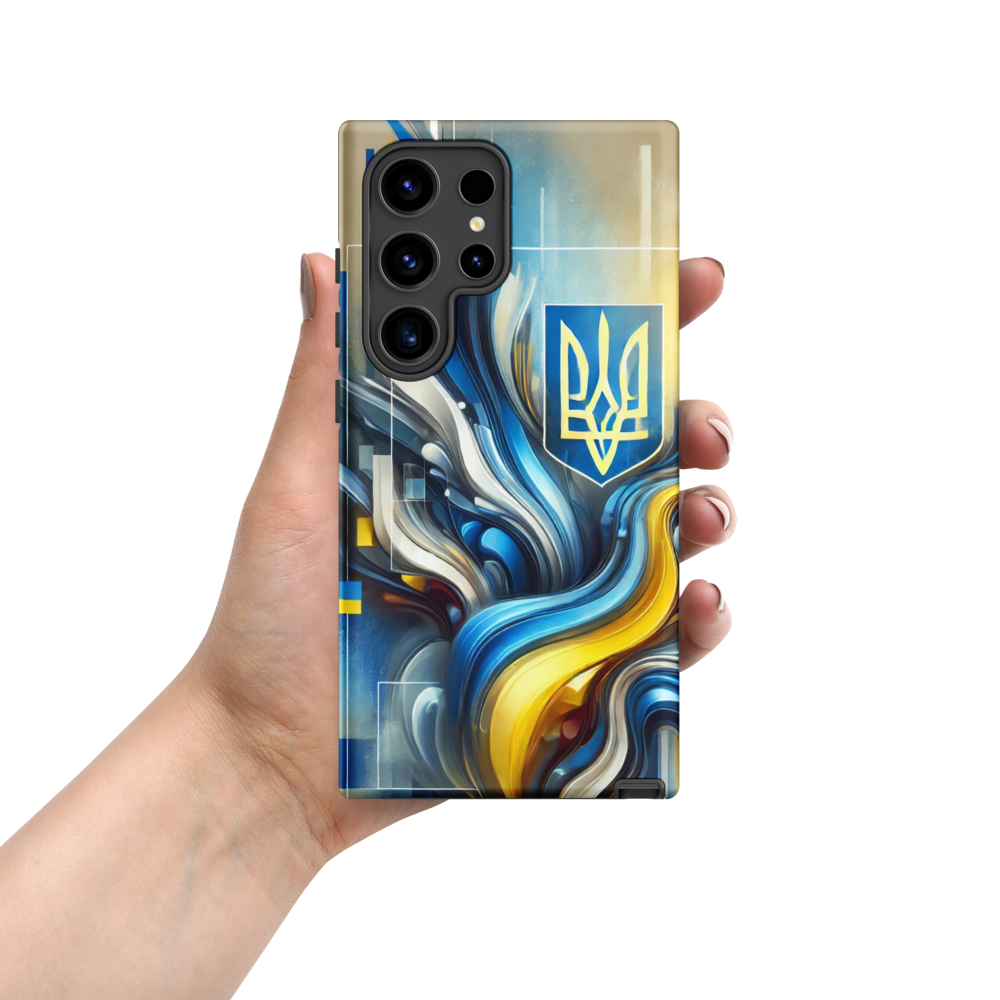 abstract design phone case,blue and yellow phone cover,dual-layer phone case,patriotic Samsung case,protective Samsung case,Samsung tough case,shock-resistant Samsung case,Ukrainian emblem phone cover,Ukrainian flag design case,Ukrainian Tryzub phone case