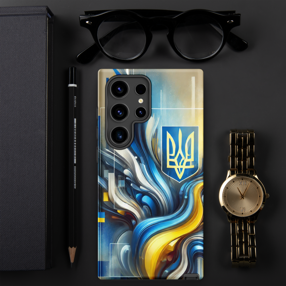 abstract design phone case,blue and yellow phone cover,dual-layer phone case,patriotic Samsung case,protective Samsung case,Samsung tough case,shock-resistant Samsung case,Ukrainian emblem phone cover,Ukrainian flag design case,Ukrainian Tryzub phone case