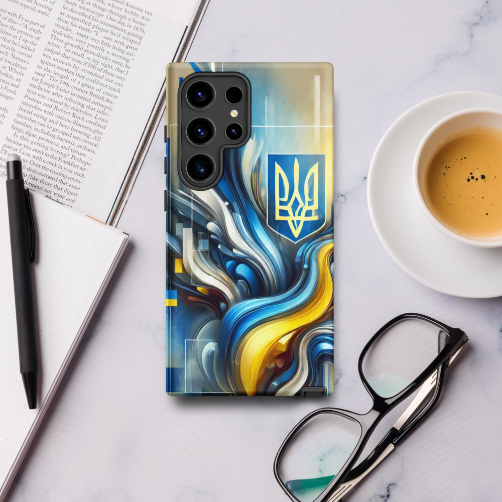 abstract design phone case,blue and yellow phone cover,dual-layer phone case,patriotic Samsung case,protective Samsung case,Samsung tough case,shock-resistant Samsung case,Ukrainian emblem phone cover,Ukrainian flag design case,Ukrainian Tryzub phone case