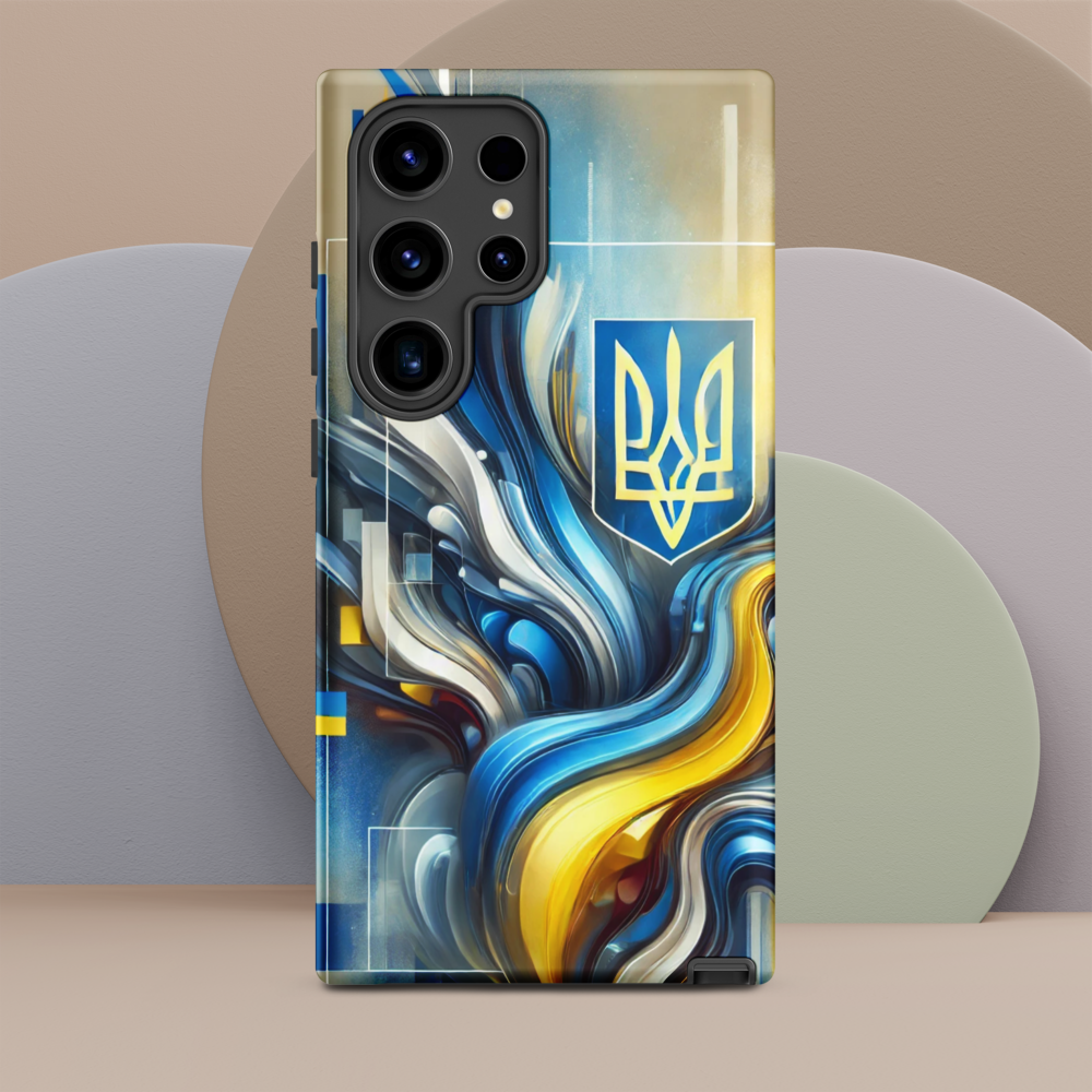 abstract design phone case,blue and yellow phone cover,dual-layer phone case,patriotic Samsung case,protective Samsung case,Samsung tough case,shock-resistant Samsung case,Ukrainian emblem phone cover,Ukrainian flag design case,Ukrainian Tryzub phone case