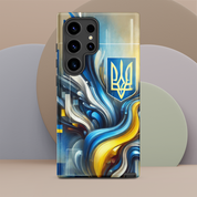 abstract design phone case,blue and yellow phone cover,dual-layer phone case,patriotic Samsung case,protective Samsung case,Samsung tough case,shock-resistant Samsung case,Ukrainian emblem phone cover,Ukrainian flag design case,Ukrainian Tryzub phone case