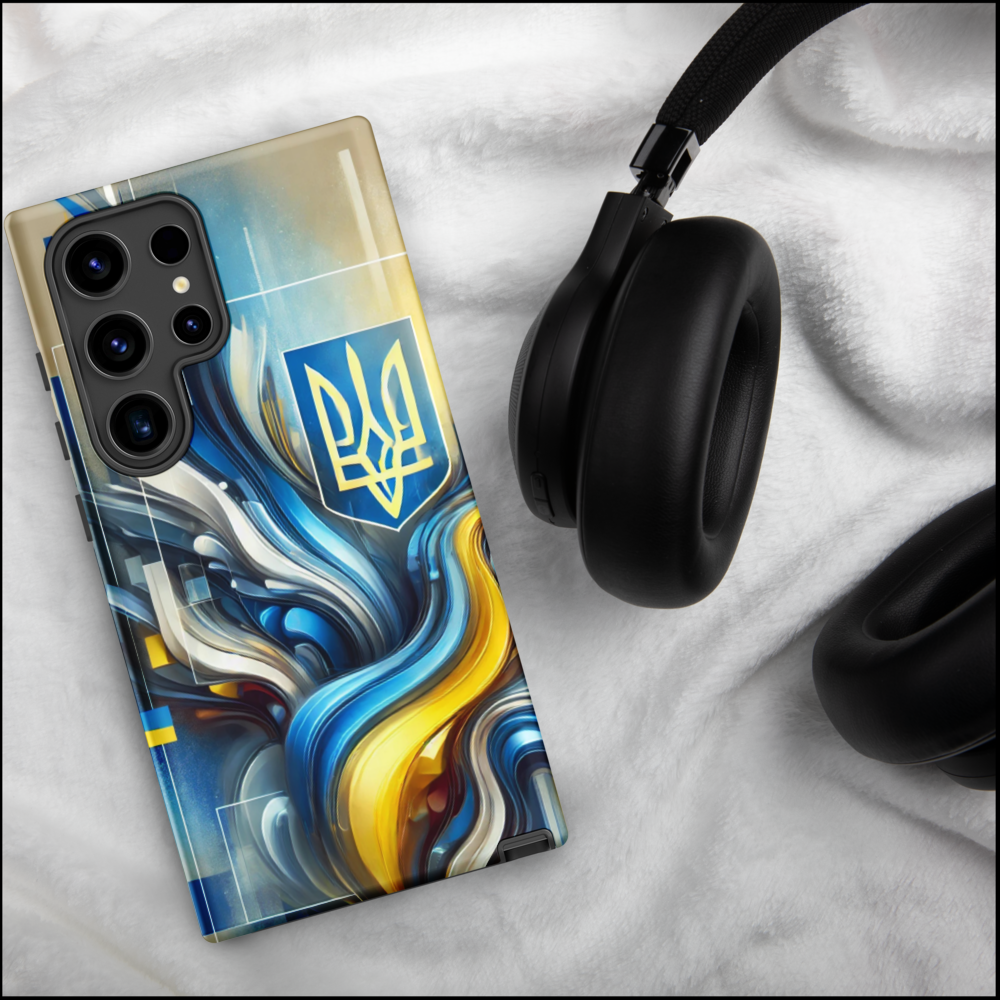 abstract design phone case,blue and yellow phone cover,dual-layer phone case,patriotic Samsung case,protective Samsung case,Samsung tough case,shock-resistant Samsung case,Ukrainian emblem phone cover,Ukrainian flag design case,Ukrainian Tryzub phone case