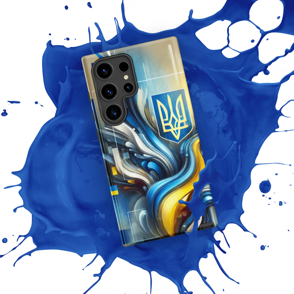 abstract design phone case,blue and yellow phone cover,dual-layer phone case,patriotic Samsung case,protective Samsung case,Samsung tough case,shock-resistant Samsung case,Ukrainian emblem phone cover,Ukrainian flag design case,Ukrainian Tryzub phone case