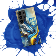 abstract design phone case,blue and yellow phone cover,dual-layer phone case,patriotic Samsung case,protective Samsung case,Samsung tough case,shock-resistant Samsung case,Ukrainian emblem phone cover,Ukrainian flag design case,Ukrainian Tryzub phone case