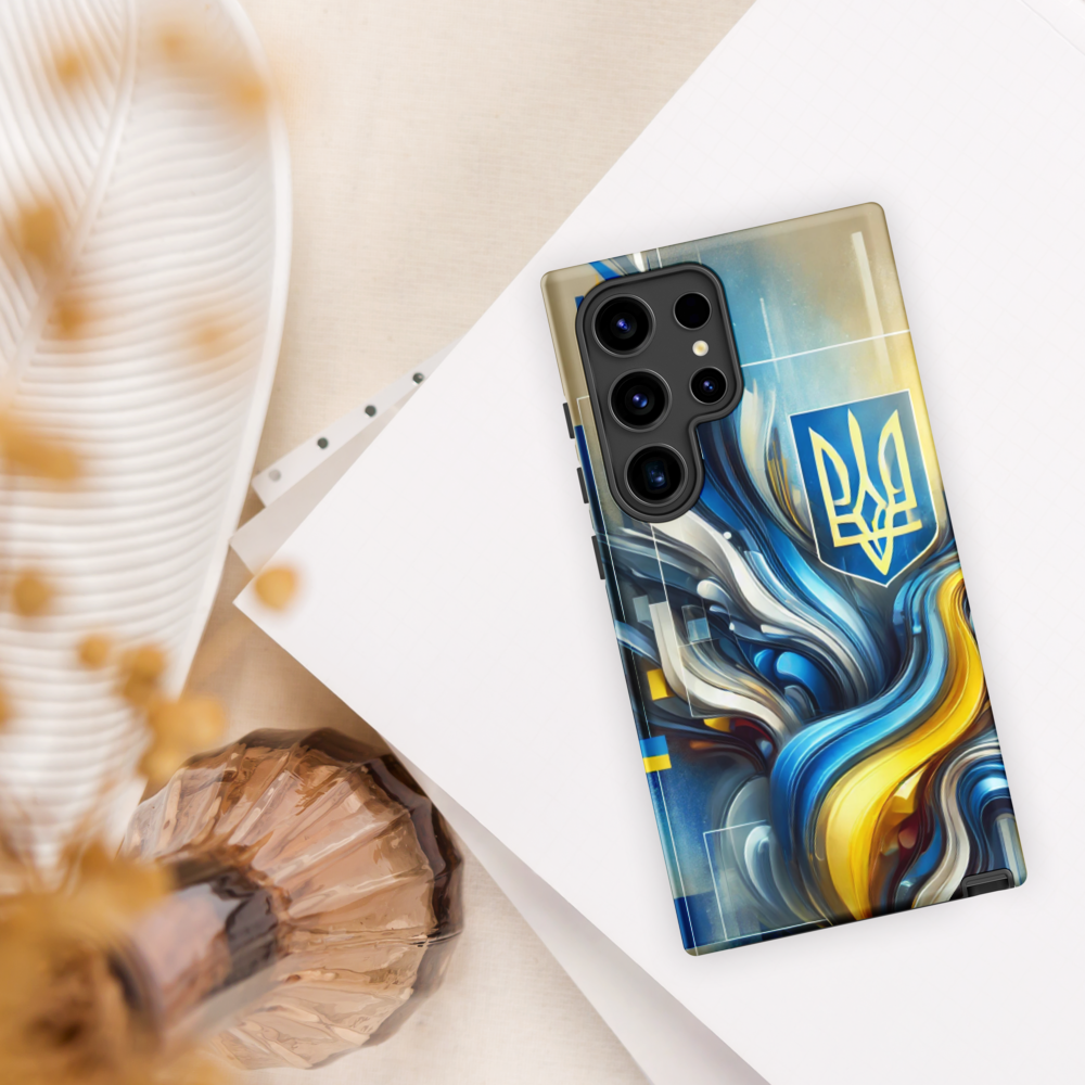 abstract design phone case,blue and yellow phone cover,dual-layer phone case,patriotic Samsung case,protective Samsung case,Samsung tough case,shock-resistant Samsung case,Ukrainian emblem phone cover,Ukrainian flag design case,Ukrainian Tryzub phone case