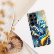 abstract design phone case,blue and yellow phone cover,dual-layer phone case,patriotic Samsung case,protective Samsung case,Samsung tough case,shock-resistant Samsung case,Ukrainian emblem phone cover,Ukrainian flag design case,Ukrainian Tryzub phone case