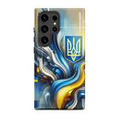 abstract design phone case,blue and yellow phone cover,dual-layer phone case,patriotic Samsung case,protective Samsung case,Samsung tough case,shock-resistant Samsung case,Ukrainian emblem phone cover,Ukrainian flag design case,Ukrainian Tryzub phone case