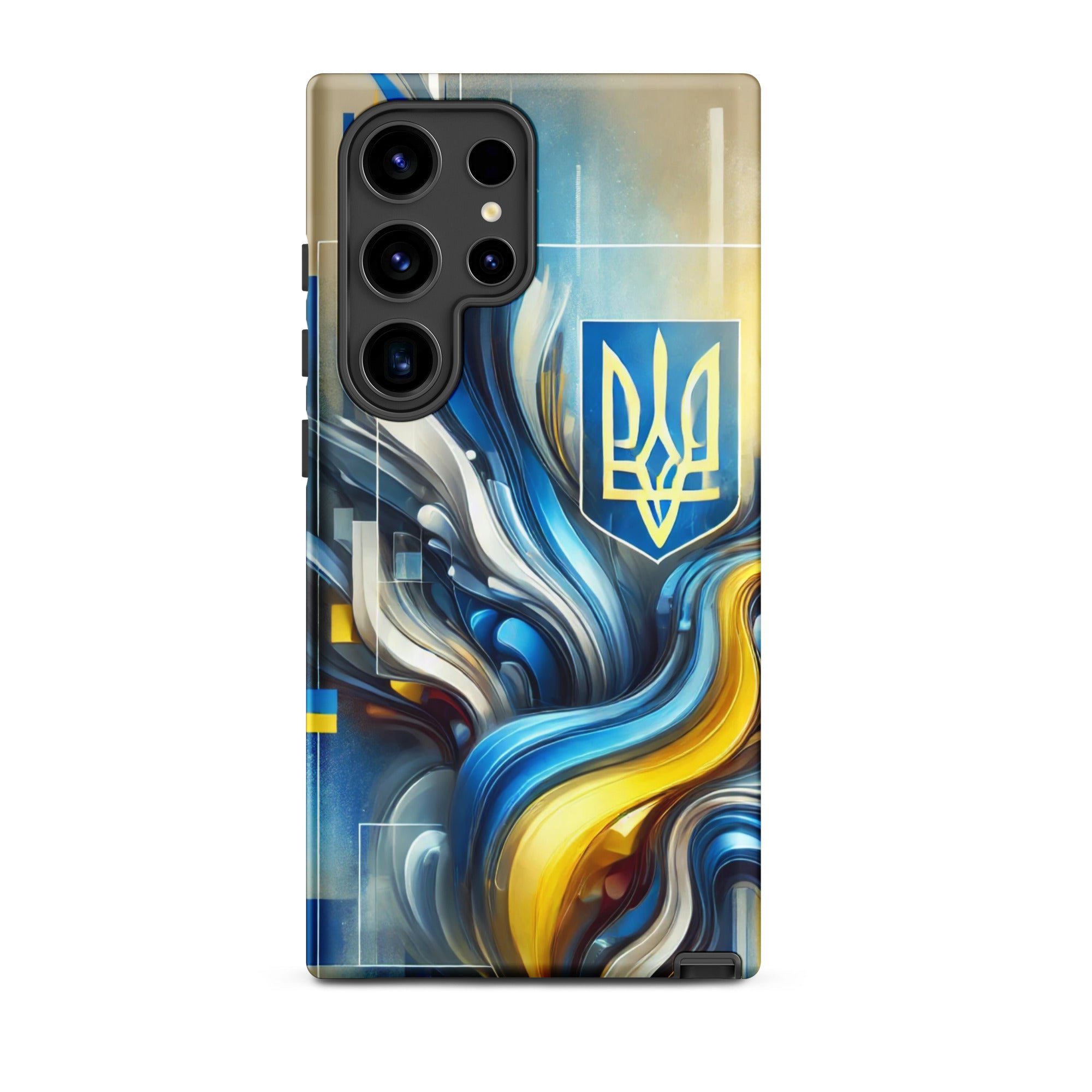 abstract design phone case,blue and yellow phone cover,dual-layer phone case,patriotic Samsung case,protective Samsung case,Samsung tough case,shock-resistant Samsung case,Ukrainian emblem phone cover,Ukrainian flag design case,Ukrainian Tryzub phone case