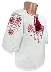 Traditional Ukrainian embroidered blouse for girls with red, black, blue ornament, Rosava design, ages 2–8, perfect for celebrations.