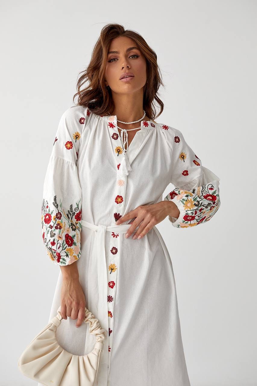 Traditional Ukrainian embroidered dress with floral design, Vyshyvanka-style women's clothing, elegant cultural fashion.
