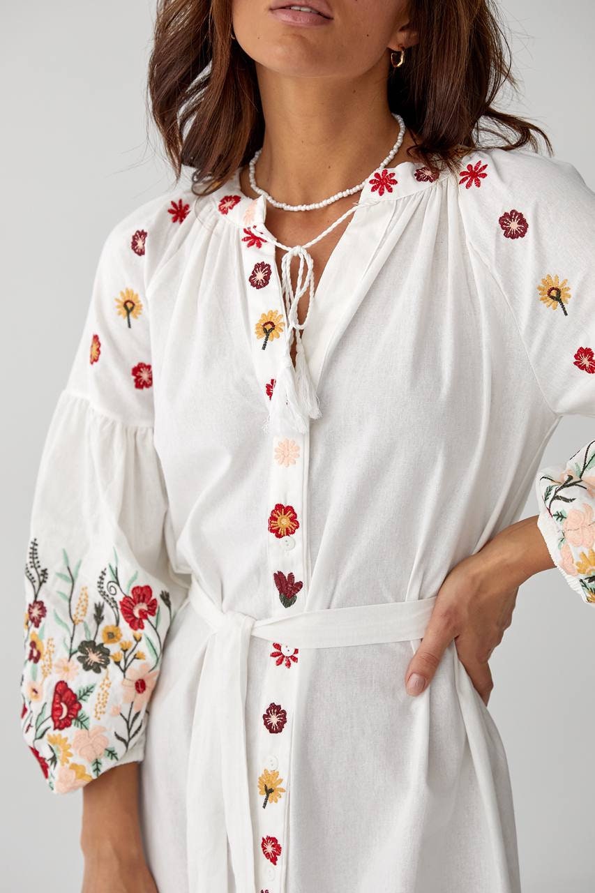 Traditional Ukrainian embroidered dress with floral patterns, Vyshyvanka-style women's clothing, showcasing authentic craftsmanship.