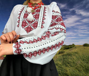 Traditional Ukrainian Vyshyvanka blouse with red cross-stitch embroidery, worn by a woman, set against a scenic landscape background.