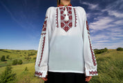 Ukrainian embroidered Vyshyvanka blouse with red cross-stitch design, showcasing traditional craftsmanship against a rural landscape backdrop.
