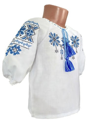 Traditional Ukrainian embroidered girls' blouse with blue ornament design, ages 2-8, perfect for cultural events and everyday wear.