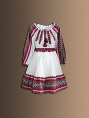 Traditional Ukrainian embroidered girl's costume with folk cotton blouse and skirt, showcasing vibrant cultural patterns.