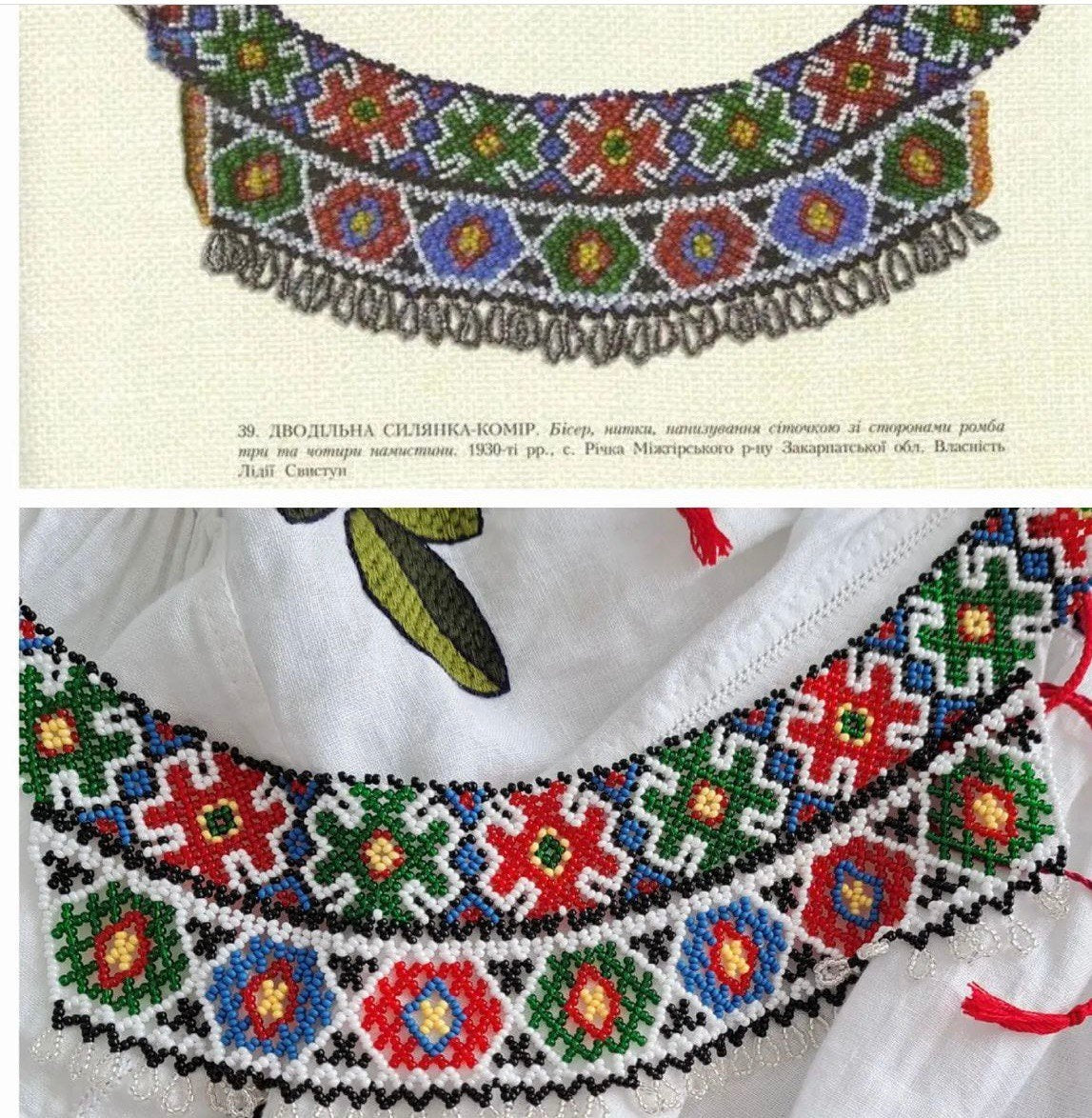 Handmade Ukrainian Sylyanka necklace with vibrant geometric and floral motifs using Czech seed beads, cultural beaded collar.