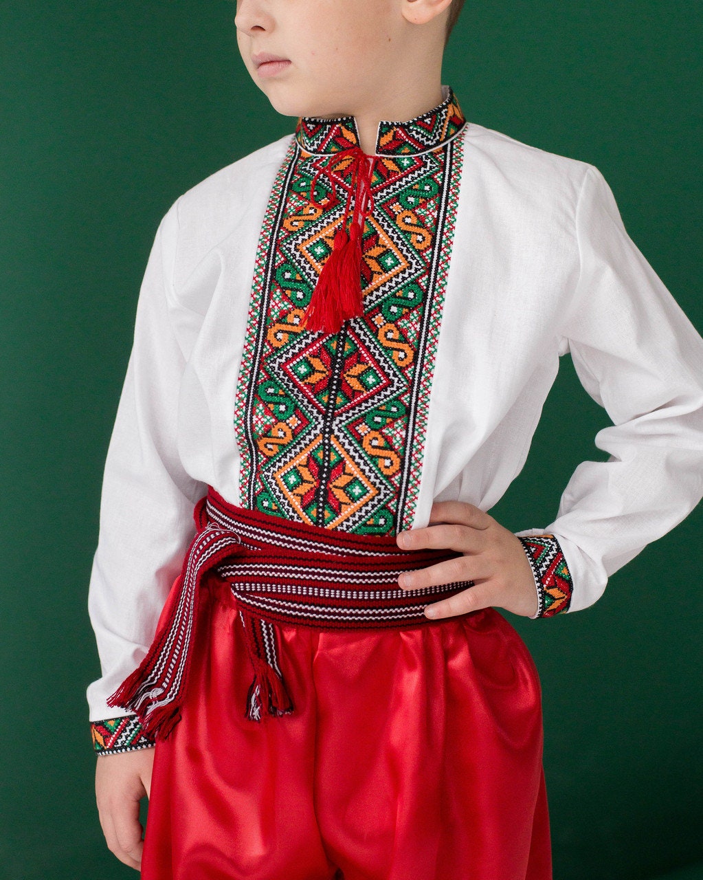 Boy wearing traditional Ukrainian Vyshyvanka shirt with colorful embroidery, paired with red pants.
