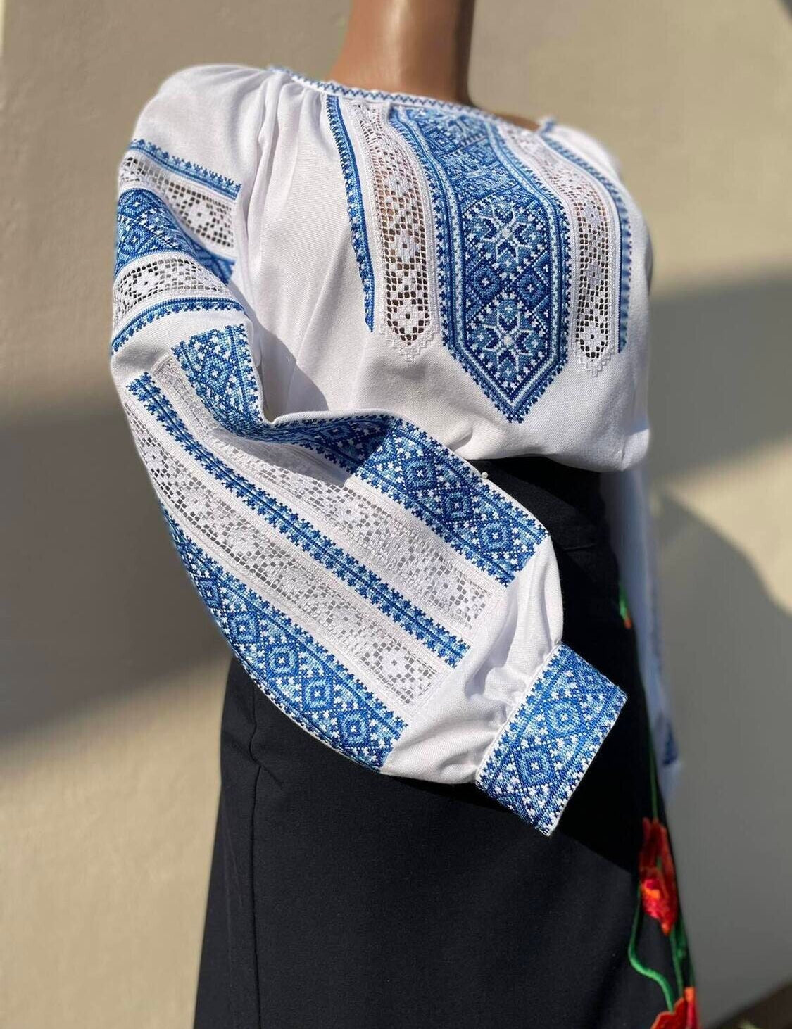 Women's Galician Cotton Vyshyvanka with blue Ukrainian embroidery