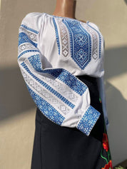 Women's Galician Cotton Vyshyvanka with blue Ukrainian embroidery
