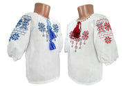 Traditional Ukrainian embroidered blouses for girls with red, black, and blue "Rosava" design, sizes 92-128 cm (ages 2-8).