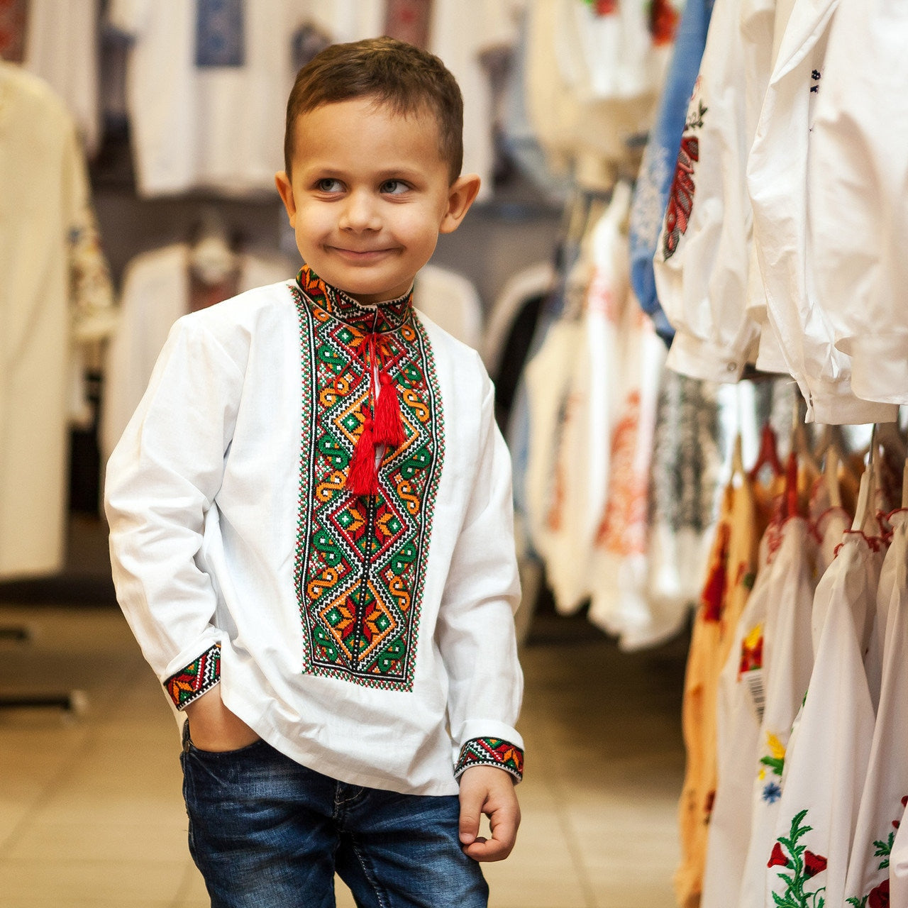 Boy wearing traditional Ukrainian Vyshyvanka embroidered shirt with colorful patterns, perfect for festive occasions or everyday wear.