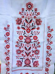 Traditional Ukrainian wedding rushnyk with red Tree of Life embroidery on 100% linen fabric, symbolizing prosperity and protection.