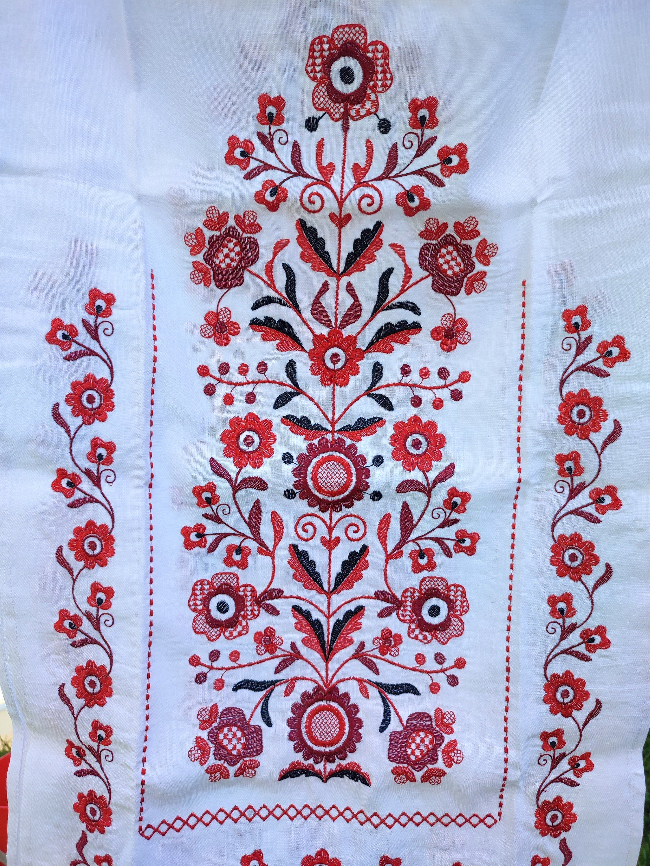 Traditional Ukrainian wedding rushnyk with red Tree of Life embroidery on 100% linen fabric, symbolizing prosperity and protection.