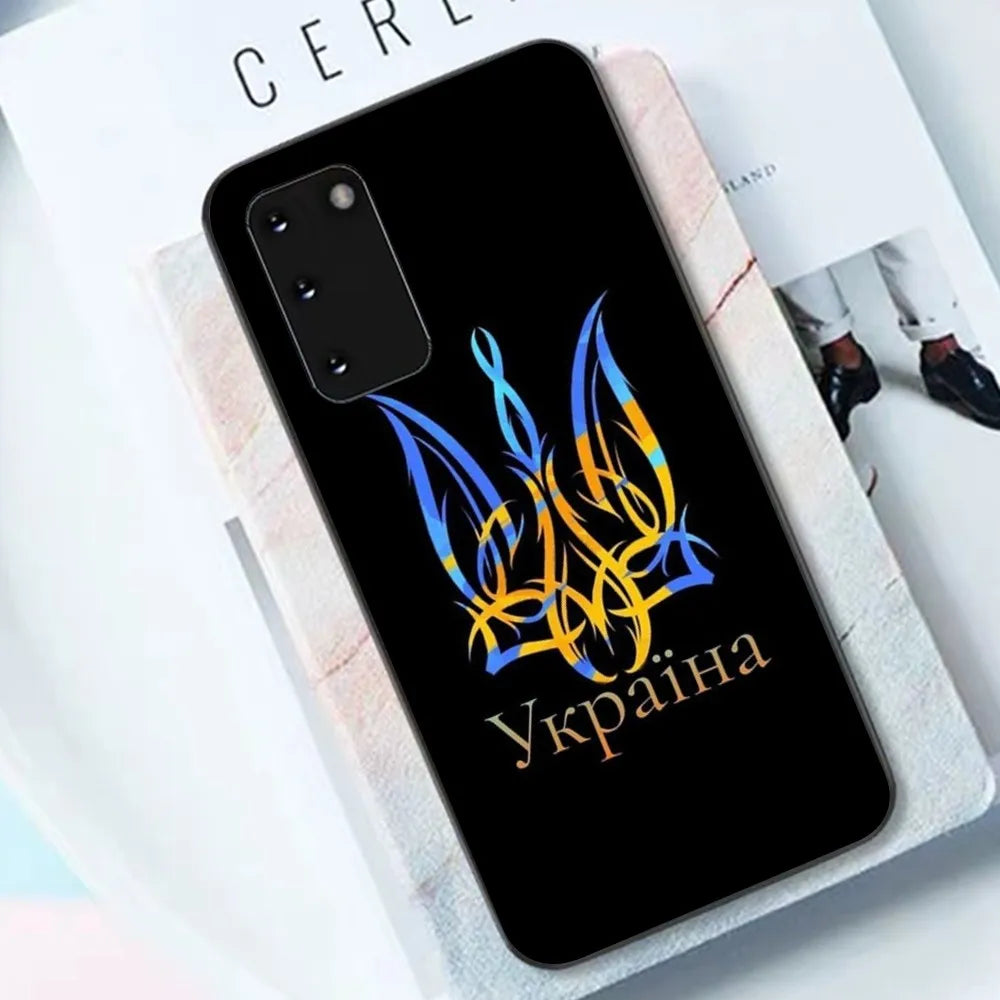 Black Ukraine Flag phone case for Samsung with yellow and blue trident design, showcasing Ukrainian pride.