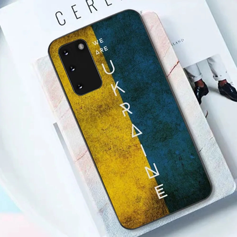 Ukraine Flag Samsung phone case with stylish design on black TPU material, displayed on a book, available for multiple Samsung models.