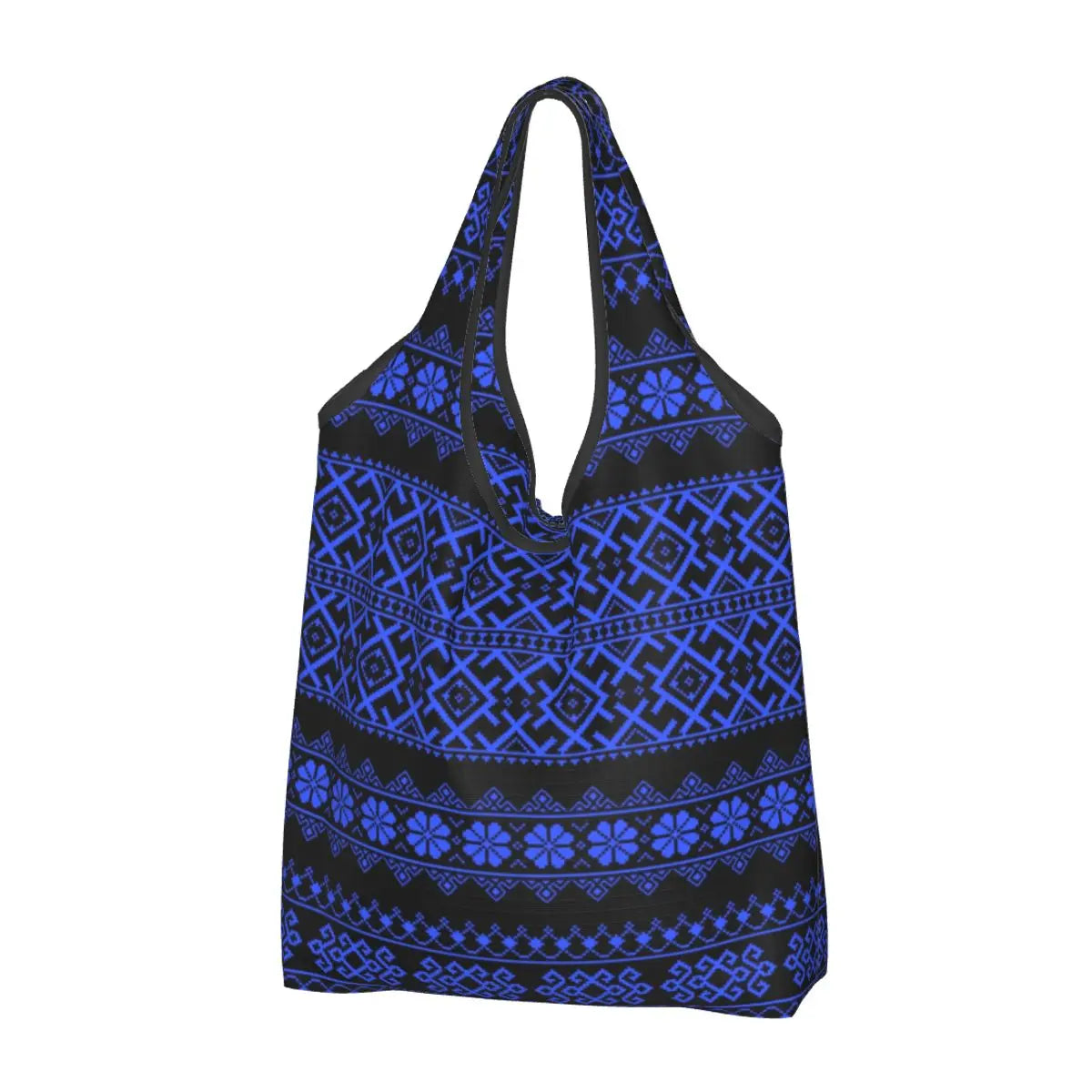 Handcrafted Ukraine Vyshyvanka embroidery tote bag in blue and black, eco-friendly and spacious for shopping.