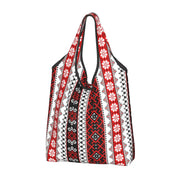 Ukraine Vyshyvanka embroidery tote bag with red and black patterns, eco-friendly and handcrafted for stylish shopping.