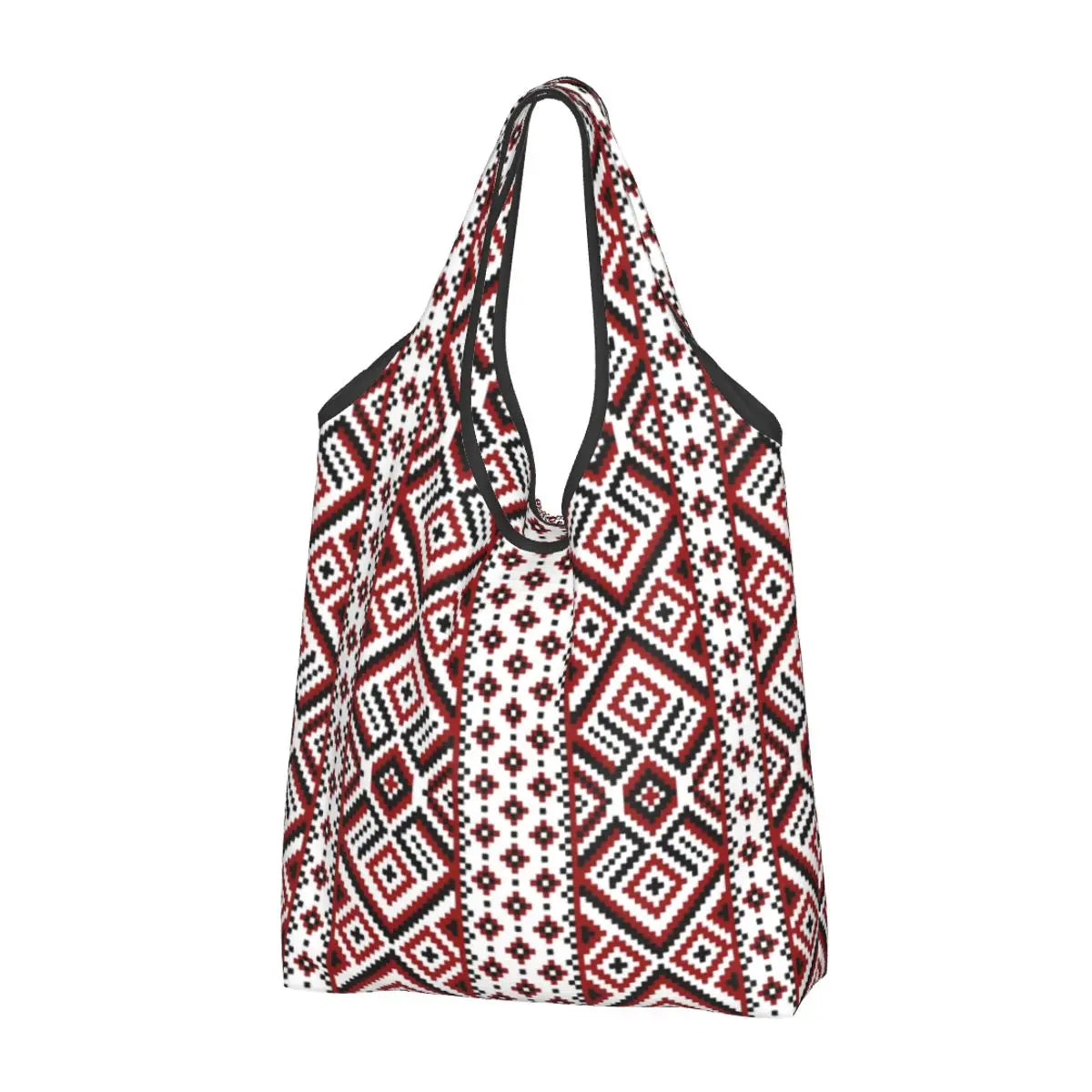 Traditional Ukrainian Vyshyvanka Embroidery Tote Bag in red and black geometric patterns, eco-friendly and handcrafted design.