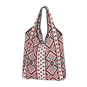 Traditional Ukrainian Vyshyvanka Embroidery Tote Bag in red and black geometric patterns, eco-friendly and handcrafted design.