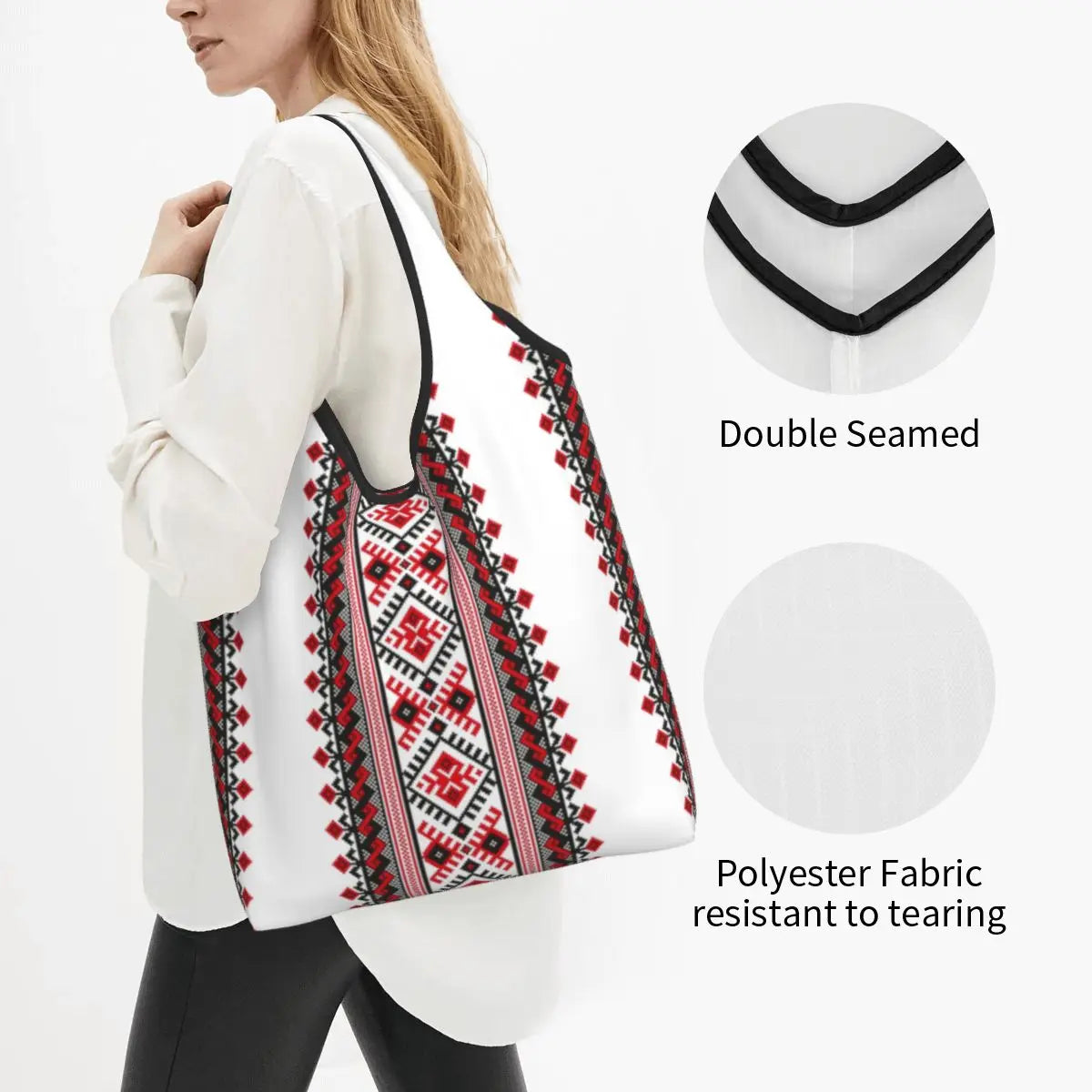 Woman holding a Ukraine Vyshyvanka Embroidery Tote Bag made of tear-resistant polyester with double-seamed design.