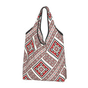 Ukraine Vyshyvanka embroidery tote bag with red and black geometric patterns, eco-friendly and handcrafted.