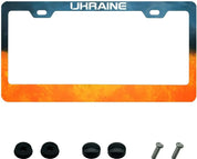 Ukraine license plate frame in blue and yellow aluminum with mounting hardware, 12x6 inch, showcasing national pride.