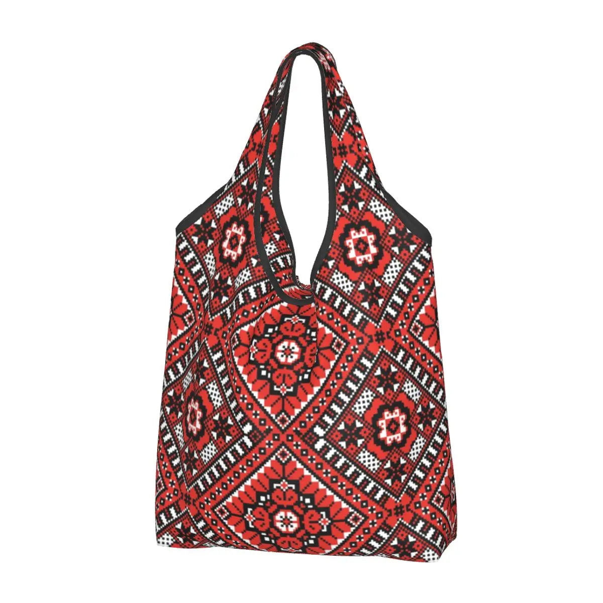 Ukraine Vyshyvanka Embroidery Tote Bag with red and black intricate design, eco-friendly material, and spacious interior.