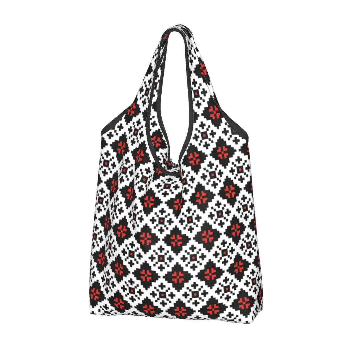 Ukraine Vyshyvanka Embroidery Tote Bag with black and red intricate design, eco-friendly, handcrafted and spacious for shopping.