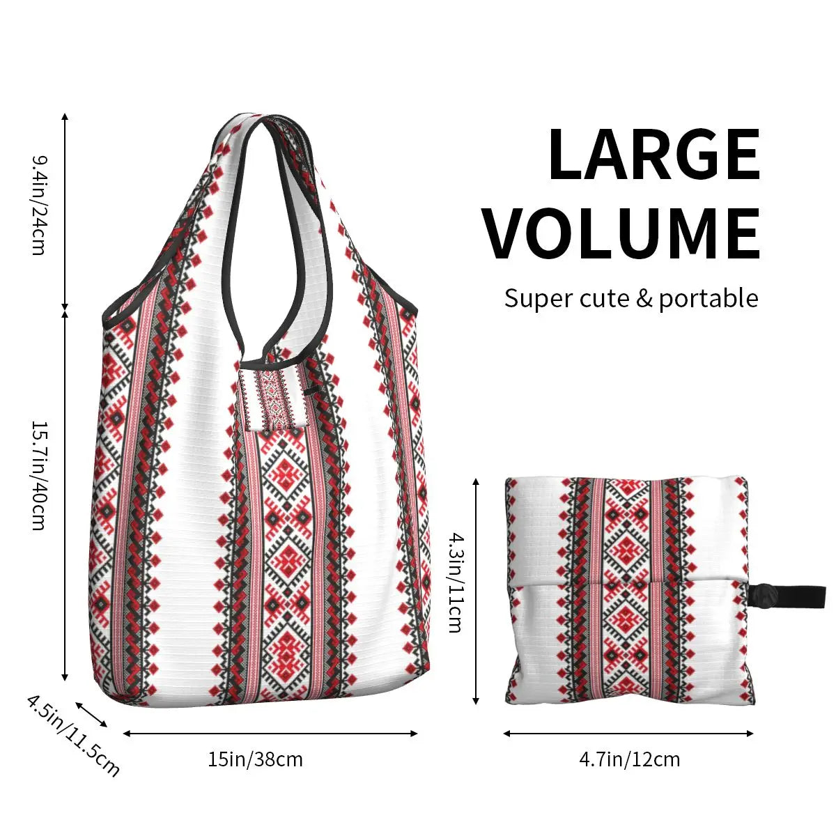 Large volume Ukraine Vyshyvanka embroidery tote bag with intricate red and black design, eco-friendly and portable for shopping.