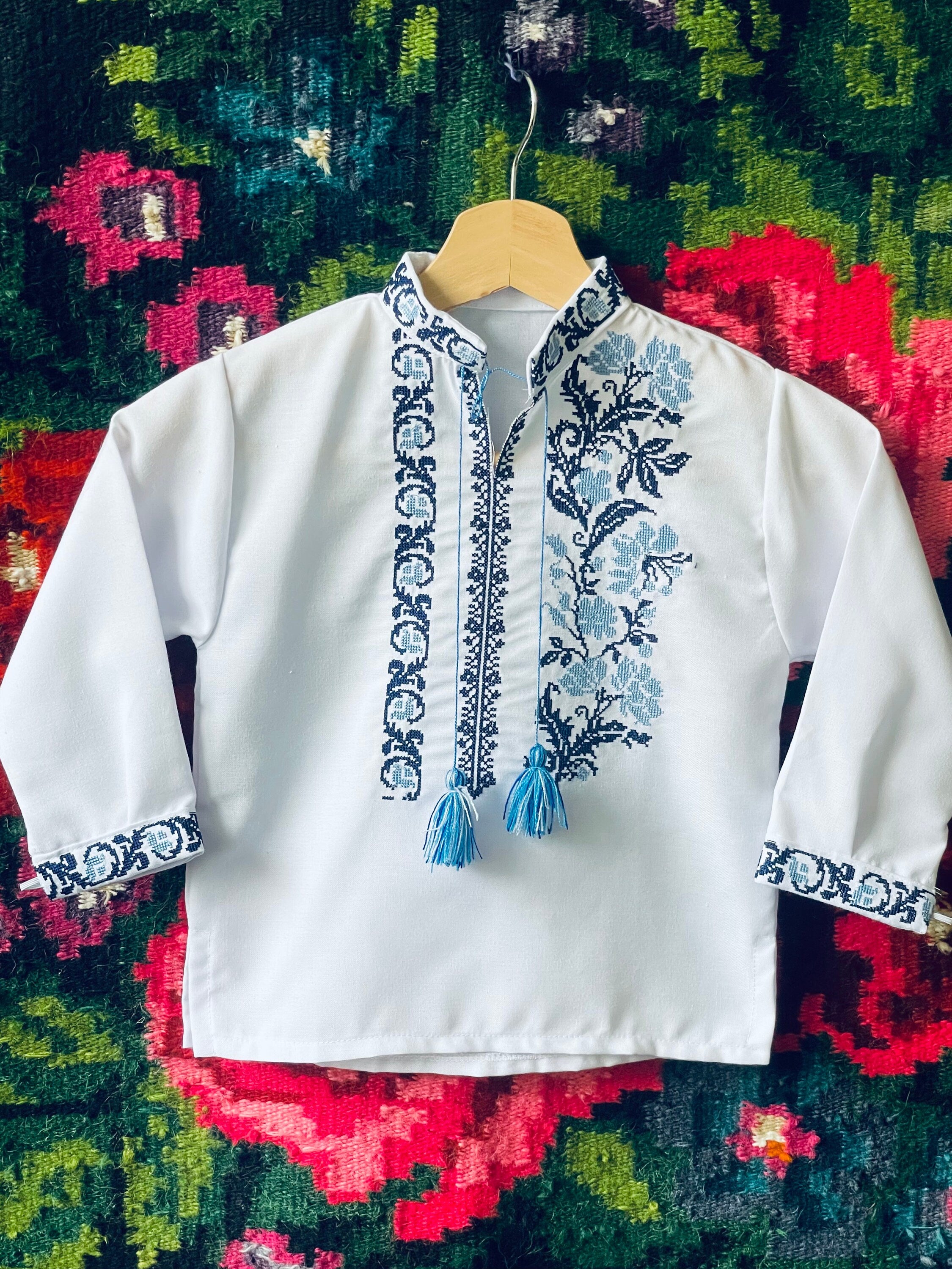 Ukrainian Boy's Vyshyvanka Shirt with Blue Embroidery, Traditional Sorochka with Tassels and Long Sleeves
