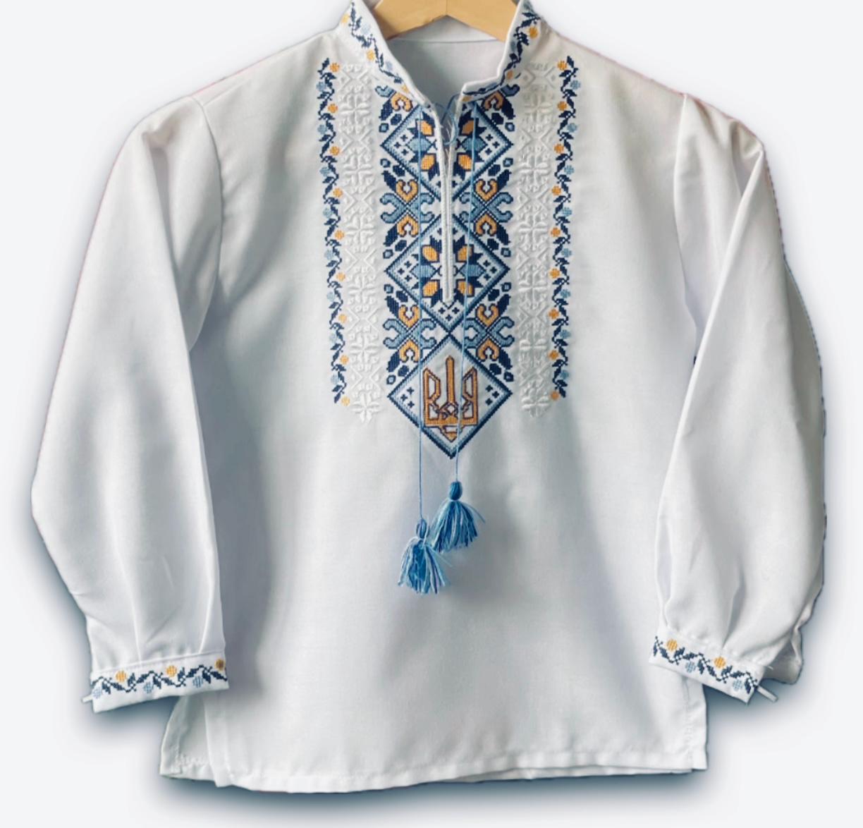 Ukrainian boy's vyshyvanka shirt with blue and yellow embroidery and Tryzub design