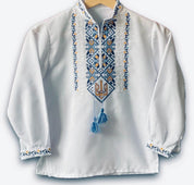 Ukrainian boy's vyshyvanka shirt with blue and yellow embroidery and Tryzub design
